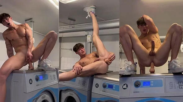 Melvin Moore jerks off and fucks himself with a dildo in the public laundry