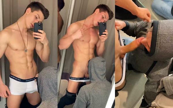 Athlete gets blowjob in the mall dressing room